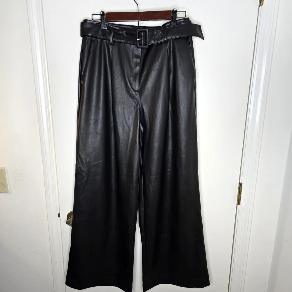 LOFT Black Wide Leg Faux Leather Belted Women's Pants Size 10 NWT